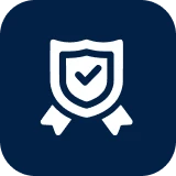Shield with checkmark icon on blue background.